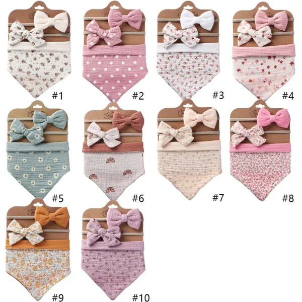 10Set Baby Headband Floral Print Newborn Double Side Bibs Muslin Cotton Boy Girl Bandana Burp Cloths Feeding Smock Stuff Baby - Image 3