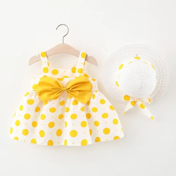 New In Summer Baby Girl Clothes 2024 Korean Cute Bow Dot Sleeveless Cotton Princess Dress+Sunhat Toddler Dresses Sets BC007-1 - Image 4