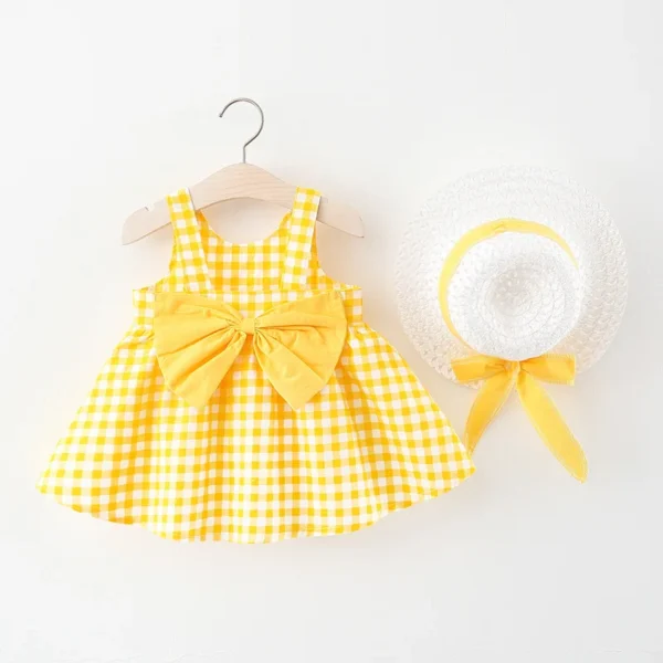 New In Summer Baby Girl Clothes 2024 Korean Cute Bow Dot Sleeveless Cotton Princess Dress+Sunhat Toddler Dresses Sets BC007-1 - Image 3