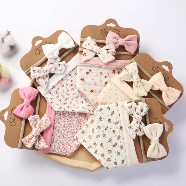 10Set Baby Headband Floral Print Newborn Double Side Bibs Muslin Cotton Boy Girl Bandana Burp Cloths Feeding Smock Stuff Baby