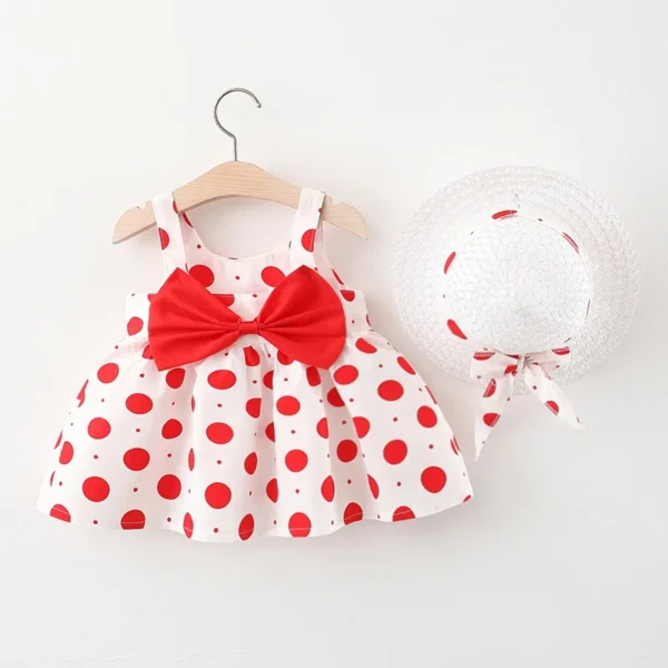 New In Summer Baby Girl Clothes 2024 Korean Cute Bow Dot Sleeveless Cotton Princess Dress+Sunhat Toddler Dresses Sets BC007-1 - Image 5