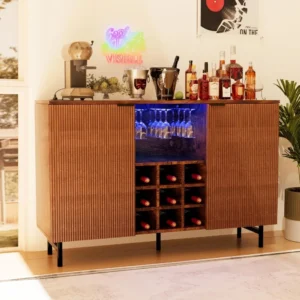 Fluted Wine Bar Cabinet with Power Outlets and LED Lights, Modern Coffee Bar Furniture for Home, Liquor Cabinet with Wine Rack,