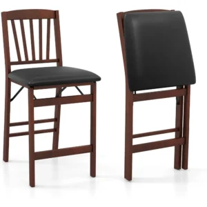 Set of 2 Counter Height Chairs, 24.5" Bar Stools Set, Folding Kitchen Island Stool with Padded Seat, Footrest & Rubber Wood Leg