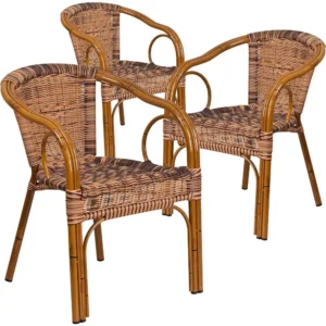 3 Pack Cadiz Series Burning Brown Rattan Restaurant Patio Chair with Dark Red Bamboo-Aluminum Frame
