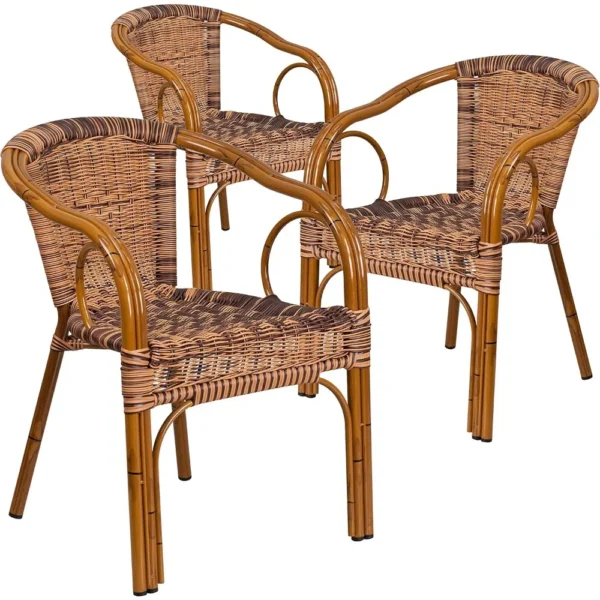 3 Pack Cadiz Series Burning Brown Rattan Restaurant Patio Chair with Dark Red Bamboo-Aluminum Frame