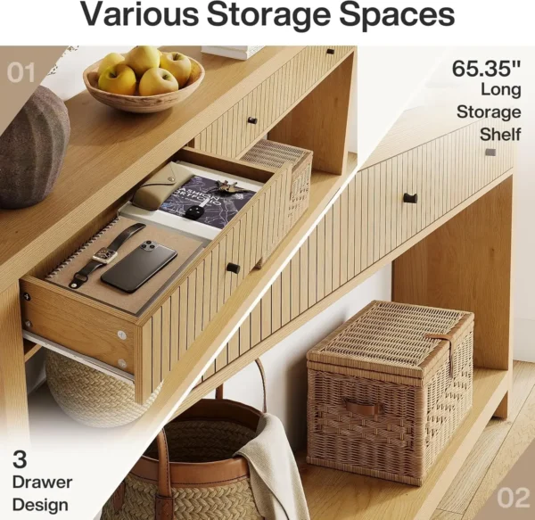 Wood Console Table with Drawers, Long Entryway Table, 70.9 inch Sofa Table Oak Furniture with Open Storage Shelves Wooden - Image 4