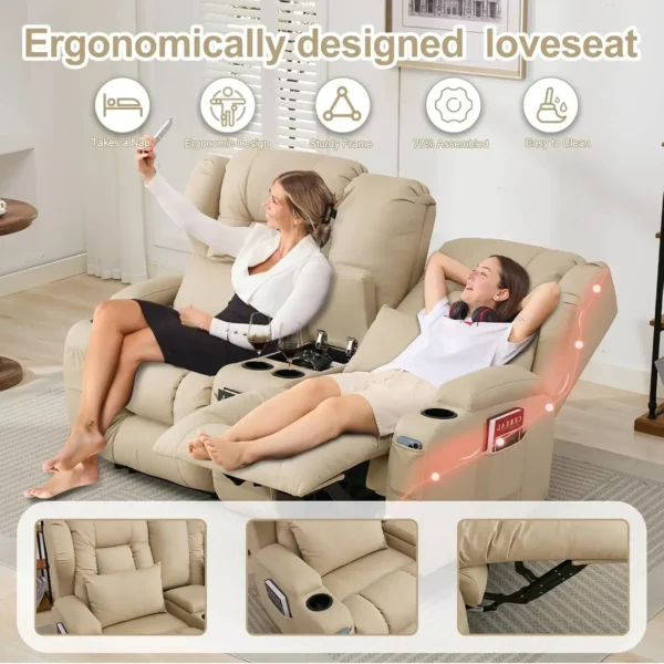 65.5" RV Loveseat Recliner Double Recliner RV Sofa & Console | RV Couch | RV Furniture, Home Theater Seating… (Beige) - Image 5
