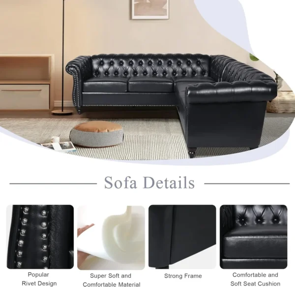 Small Sectional Sofa Chesterfield Leather Couch Tufted Accent Sofa Scroll Arms Nailhead Living Room Office living room furniture - Image 5
