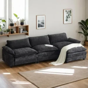 Sectional Sofa Modular Deep 3-Seat Sofa Couch with Ottoman, Chenille Sofa Sleeper Comfy Upholstered Furniture