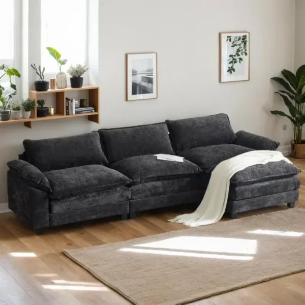 Sectional Sofa Modular Deep 3-Seat Sofa Couch with Ottoman, Chenille Sofa Sleeper Comfy Upholstered Furniture