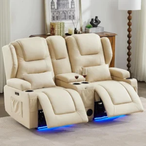 Adjustable Split Back, USB Charging, Bluetooth Speakers & LED Lighting – with Storage, Cup Holders, Theater Furniture