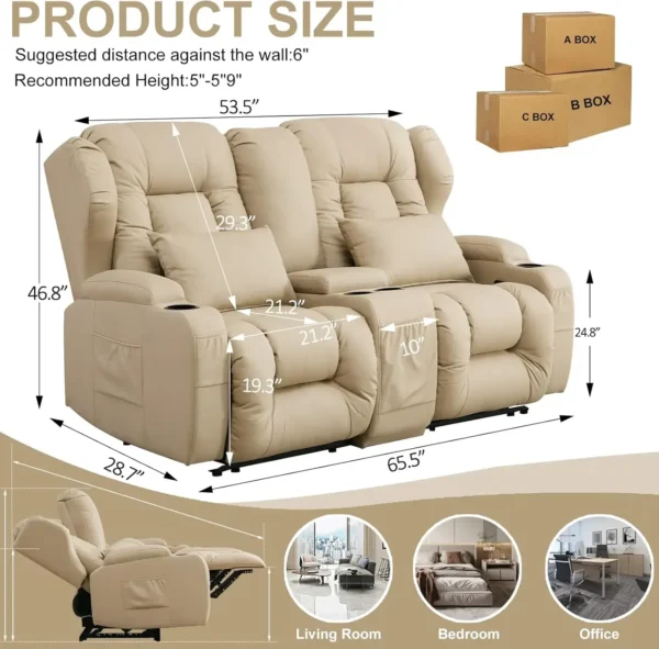 65.5" RV Loveseat Recliner Double Recliner RV Sofa & Console | RV Couch | RV Furniture, Home Theater Seating… (Beige) - Image 2