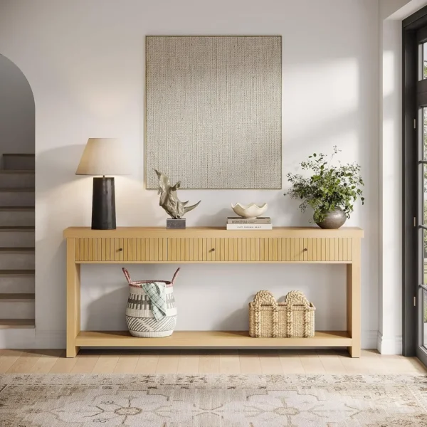 Wood Console Table with Drawers, Long Entryway Table, 70.9 inch Sofa Table Oak Furniture with Open Storage Shelves Wooden - Image 3