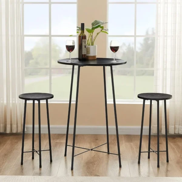 Bar table three-piece dining table set, round furniture and chairs 2-piece set, counter height wooden countertop, black - Image 4