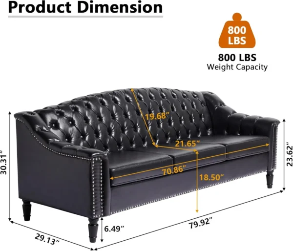 3 Seater Large Sofa,Faux Leather Sofas and Couches 80 Inches Mid Century Modern Couch Tufted Back Sofa for Living Room Furniture - Image 2