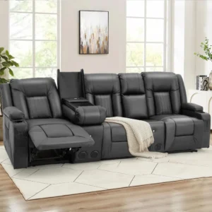 Reclining Sofa with 2 Console&Bluetooth Speakers, with USB Ports&4 Cup Holders, 2 Side Pockets Wall Hugger, Theater Furniture