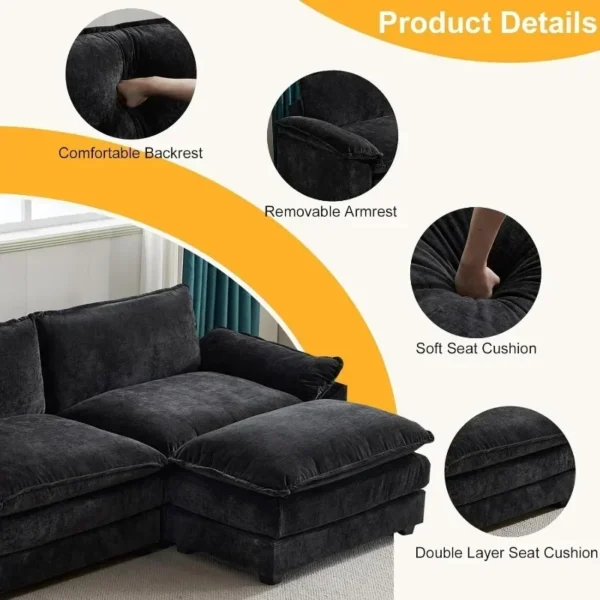 Sectional Sofa Modular Deep 3-Seat Sofa Couch with Ottoman, Chenille Sofa Sleeper Comfy Upholstered Furniture - Image 3