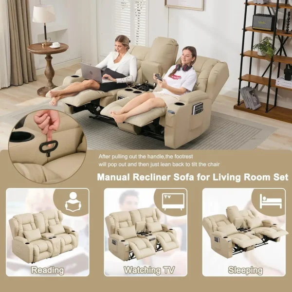 65.5" RV Loveseat Recliner Double Recliner RV Sofa & Console | RV Couch | RV Furniture, Home Theater Seating… (Beige) - Image 3