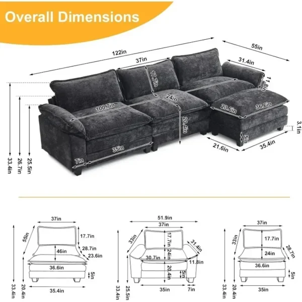 Sectional Sofa Modular Deep 3-Seat Sofa Couch with Ottoman, Chenille Sofa Sleeper Comfy Upholstered Furniture - Image 2