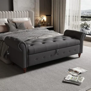 63" Tufted Storage Bench for Bedroom End of Bed,Upholstered Storages Ottoman Benchs for livingroom,Rolled Arm Window BenchSeat w