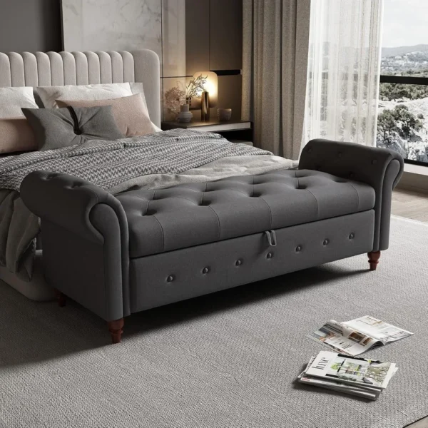 63" Tufted Storage Bench for Bedroom End of Bed,Upholstered Storages Ottoman Benchs for livingroom,Rolled Arm Window BenchSeat w