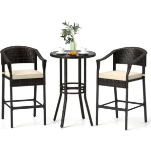 3-Piece Patio Rattan Bar Set, Wicker Bar Height Armchairs & Round Table w/Tempered Glass Top Cushioned High Top Bistro Furniture