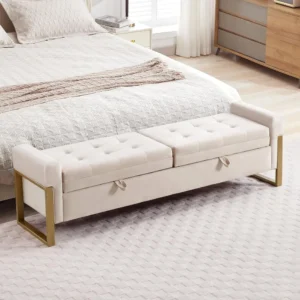 67" Storage Bench for Bedroom End of Bed, Velvet King Size Bed Bench with Double Lids and Gold Legs, Storage Ottoman Bench with