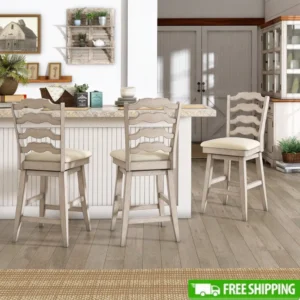 Swivel Counter Stool Antique White Wood Dining Stool Ladderback Design Padded Seat Rubberwood Frame Kitchen Furniture Easy