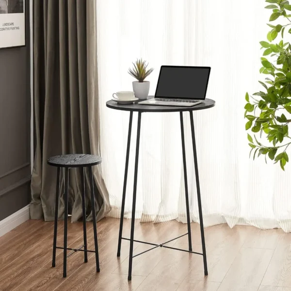 Bar table three-piece dining table set, round furniture and chairs 2-piece set, counter height wooden countertop, black - Image 3