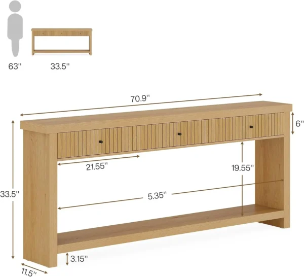 Wood Console Table with Drawers, Long Entryway Table, 70.9 inch Sofa Table Oak Furniture with Open Storage Shelves Wooden - Image 2