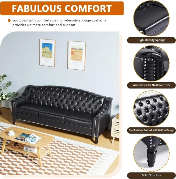 3 Seater Large Sofa,Faux Leather Sofas and Couches 80 Inches Mid Century Modern Couch Tufted Back Sofa for Living Room Furniture - Image 4