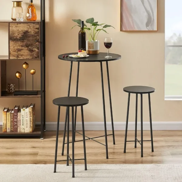 Bar table three-piece dining table set, round furniture and chairs 2-piece set, counter height wooden countertop, black - Image 2