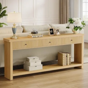 Wood Console Table with Drawers, Long Entryway Table, 70.9 inch Sofa Table Oak Furniture with Open Storage Shelves Wooden