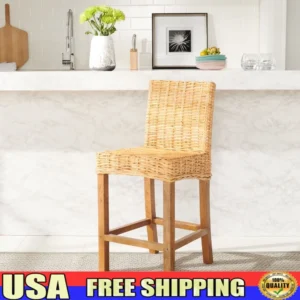 Rattan Counter Stool with Footrest Wooden Kitchen Bar Chair Comfortable Seating Home Furniture Indoor Decor