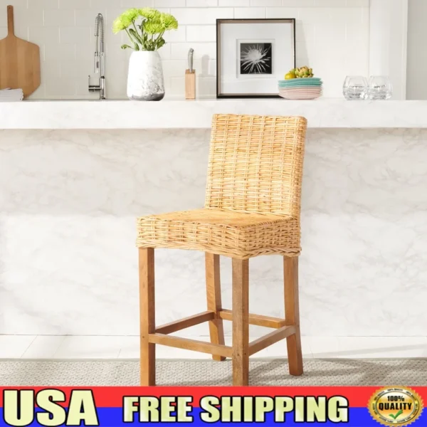 Rattan Counter Stool with Footrest Wooden Kitchen Bar Chair Comfortable Seating Home Furniture Indoor Decor