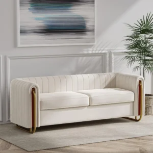 Modern Velvet Sofa for Living Room, 84 Inches Long Upholstered Sofa Couch with High Armrest and Metal Legs Decor Furnitur