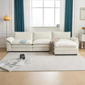 Sofa Sectional Deep 3-Seat Couch with Ottoman,Chenille Sofa Sleeper Comfy Upholstered Furniture for Living Room,Beige Couch