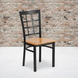 EMMA + OLIVER 2 Pack Black Window Back Metal Restaurant Chair - Natural Wood Seat