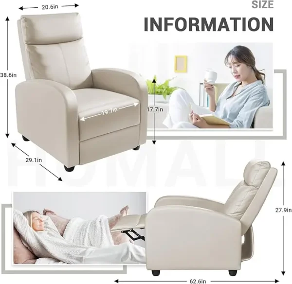 Recliner Chair, Recliner Sofa for Adults, Recliners Home Theater Seating with Lumbar Support, Sofa Chair (Leather, Beige) - Image 3